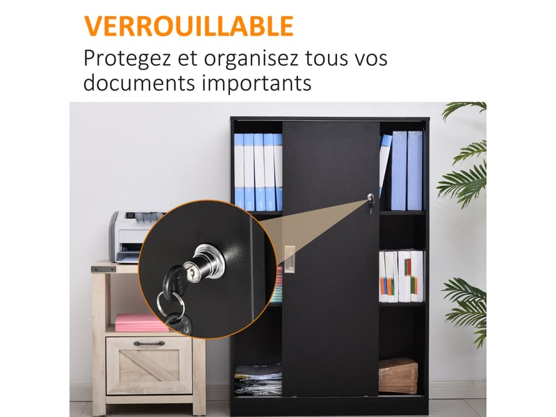  Armoire de bureau 2 portes coulissantes verrouillables dim. 80l x 40l x 120h cm noir 2 étagères panneaux particules  - Conforama R