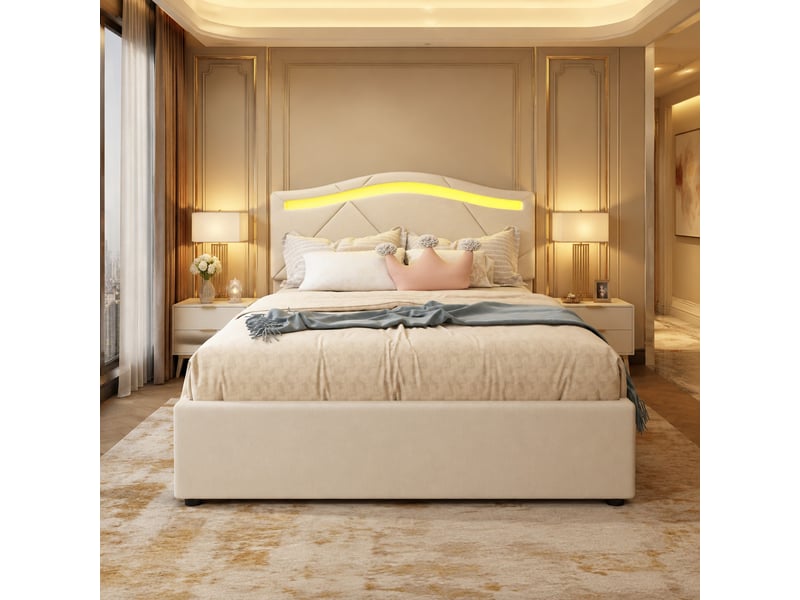  Lit avec tiroirs, lit simple 90x200 cm en lin beige avec 2 tiroirs, led et tête réglable, sans matelas  - Conforama B