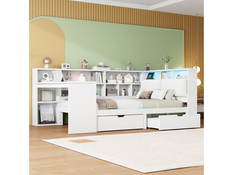 Lit avec rangement 140x200 cm coloris blanc led mdf lit enfant blanc - Conforama E