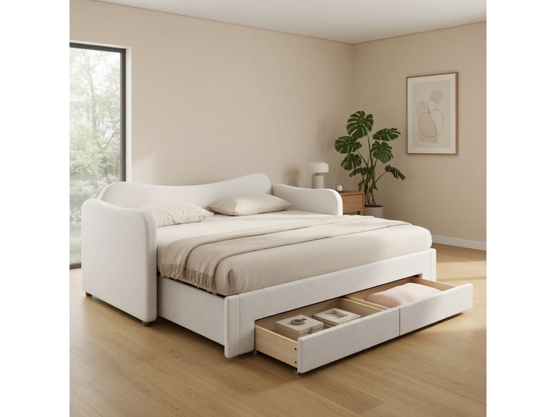 Gutenacht canapé lit gigogne 90x200 cm beige en bouclé avec 2 tiroirs et usb - Conforama C