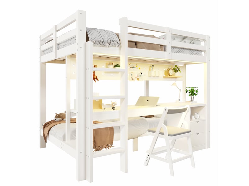  Lit superposé enfant 90x200 et 140x200 cm avec bureau, tiroirs et led blanc naturel  - Conforama A