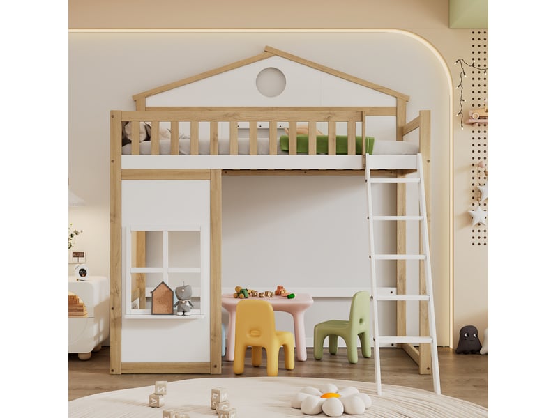  Lit superposé maison 90x200 cm, sécurité, toit avec fenêtres, escalier inclus, bois mdf, blanc naturel avec matelas  - Conforama D