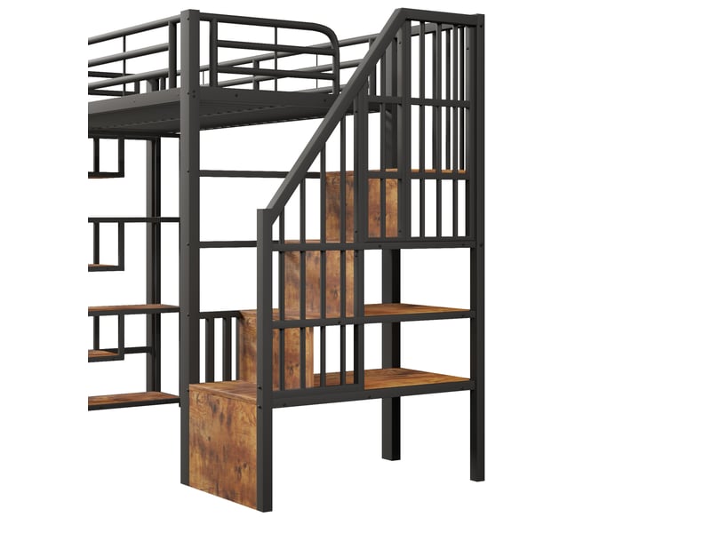  Lit mezzanine 90x200 cm avec escalier de rangement et led, en métal, noir, sans matelas  - Conforama E