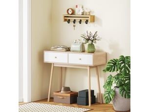Table console avec 2 tiroirs et pieds en bois, pour salon, entrée, couloir, chêne et blanc, 86 x 35 x 75 cm