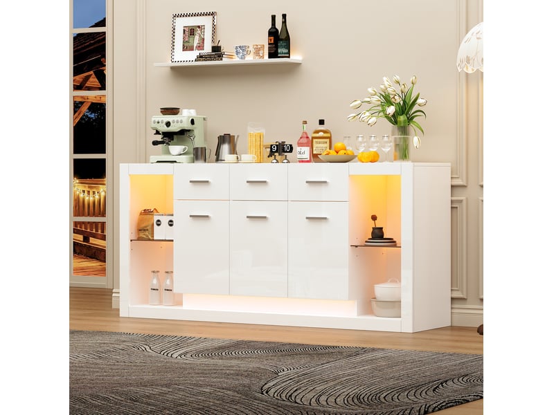  Buffet de rangement 160x40x75 cm, avec led, tiroirs et portes, meuble de salon, brillant, panneau de particules, blanc  - Conforama B