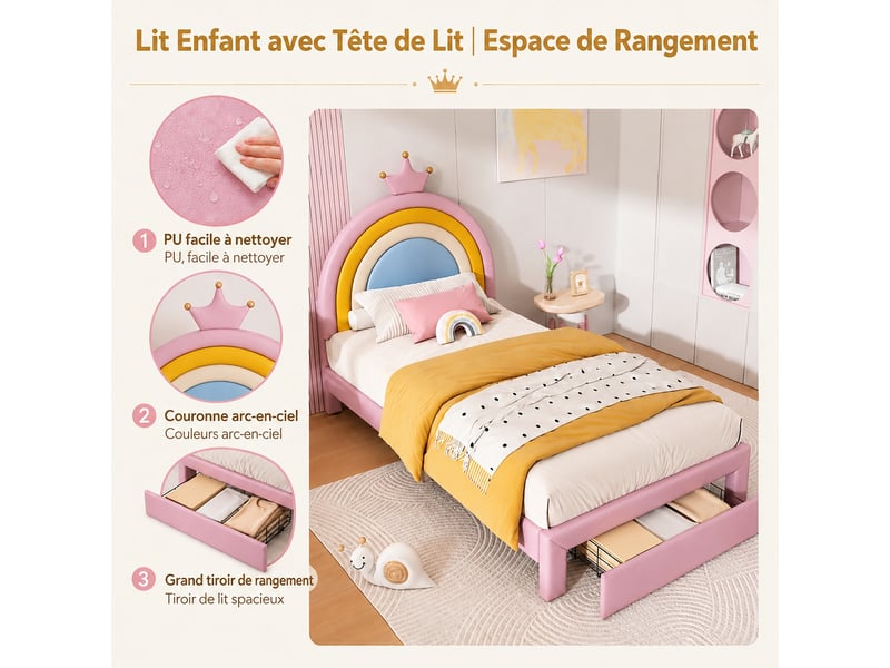 Lit enfant rembourré rose 90 x 200 cm avec tiroir et tête arc-en-ciel - Conforama D