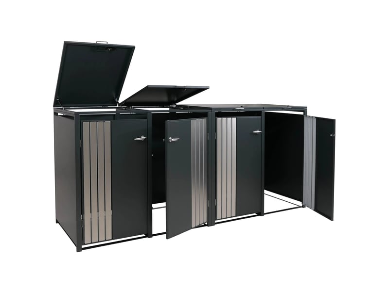  Cache poubelles 4 bacs avec couvercle abri poubelle extérieur en acier galvanisé anthracite 80 à 240l verrouillable 122x264x84 cm 04_0009341  - Conforama A
