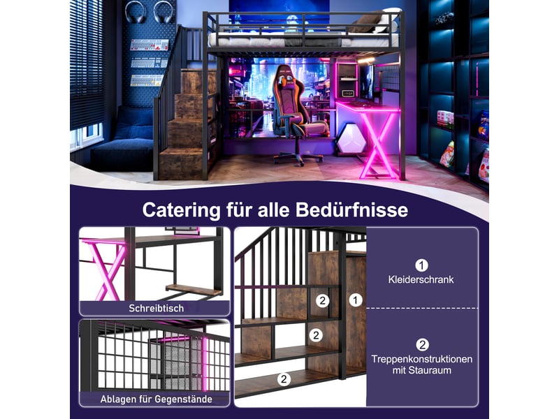  Lit mezzanine double 140×200 cm avec bureau, armoire, étagères et led  - sans matelas, métal et mdf - noir  - Conforama E