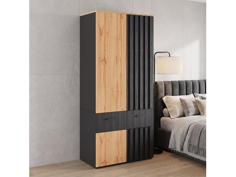 Armoire avec penderie, 2 tiroirs et 2 étagères, finition lamellée, pour chambre, noir et bois, 90 × 50 × 200 cm - Conforama B