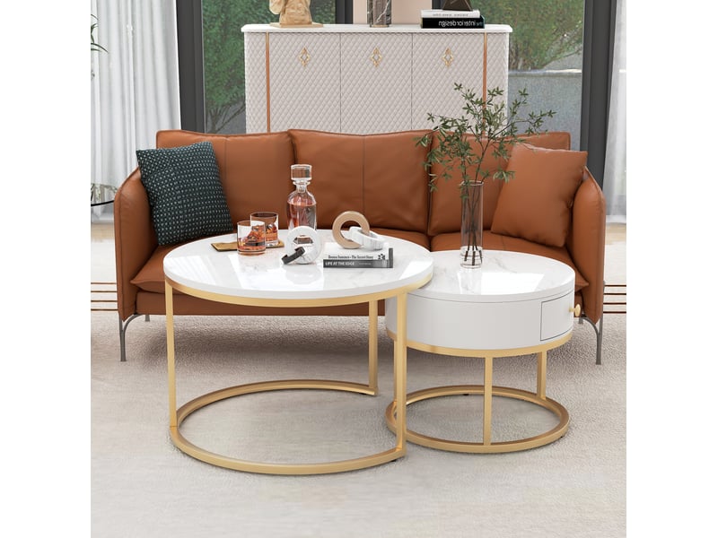  Table basse gigogne ulevr ronde 2 pièces avec tiroir, mdf blanc brillant décor marbré, 70 cm, piètement métal doré  - Conforama D