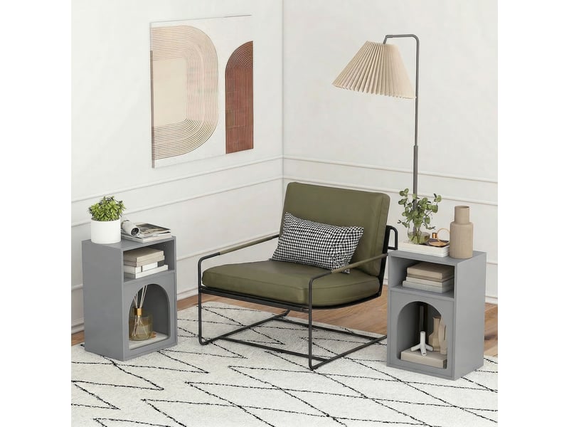  Lot de 2 tables de chevet, table de nuit avec compartiments ouverts, design arqué, gris, 40 x 30 x 60 cm  - Conforama R