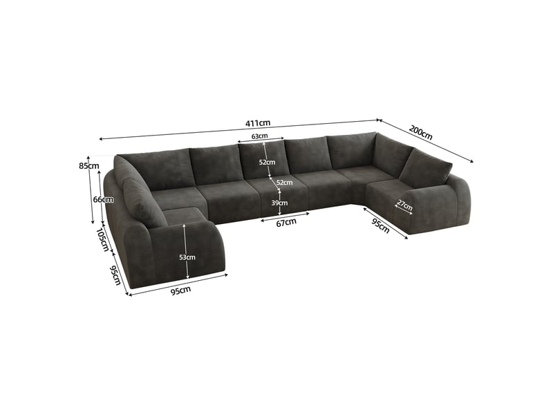 Canapé d’angle 7 places en forme u, canapé à compression de mousse, sans montage, chenille, gris foncé, 411x200x85 cm - Conforama C