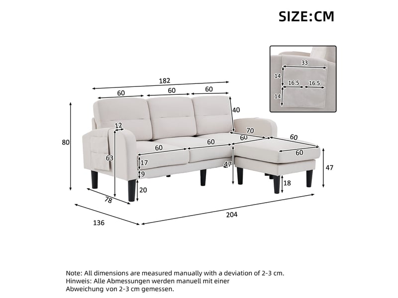 Canapé d'angle, canapé 3 places, beige, 204 x 136 x 80 cm, pour salon, mobilier pour espace de vie, adapté à l'espace de vie - Conforama C