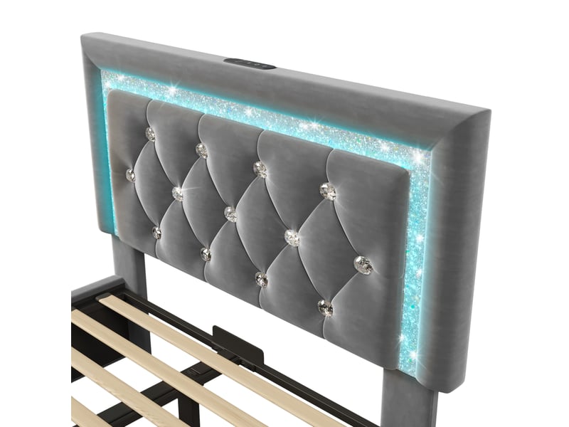  Lit coffre simple 90x200 cm en velours avec led, usb et type-c, matelas inclus, gris  - Conforama E