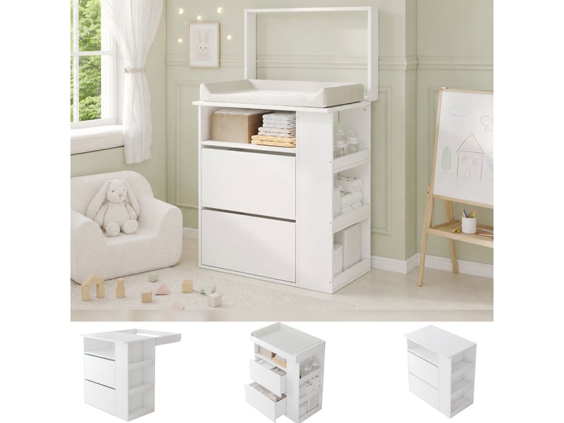  Commode à langer blanche 82 x 50 x 100 cm en mdf, dessus amovible, barrière réglable, 2 tiroirs et niches  - Conforama D