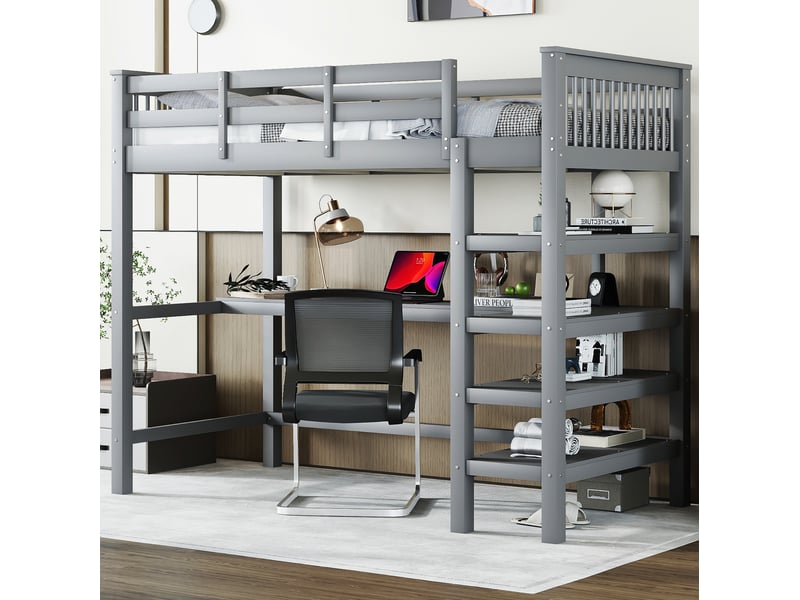 Lit mezzanine enfant 90 x 200 cm avec bureau et étagères, gris, sans matelas - Conforama B