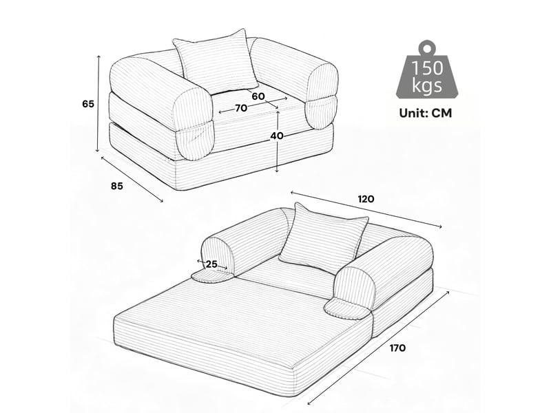  Canapé-lit convertible 120x85x65 cm 2-en-1 en velours côtelé orange, sans matelas  - Conforama E