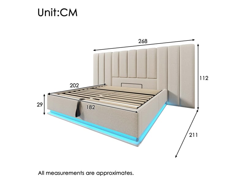 Lit coffre 180x200 cm beige lin avec led usb-c sommier matelas inclus - Conforama C