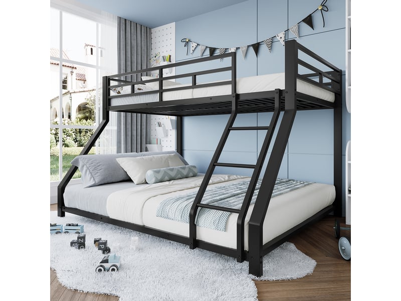  It superposé 3 places 90 x 200 et 140 x 200 cm avec garde-corps et échelle, lit double et simple en métal noir, certifié en747, sans matelas  - Conforama B
