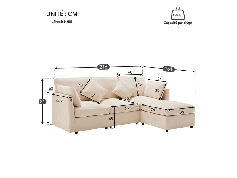  Canapé 4 places avec pouf en tissu chenille beige 216x161x81 cm N653P9771312A - Conforama C