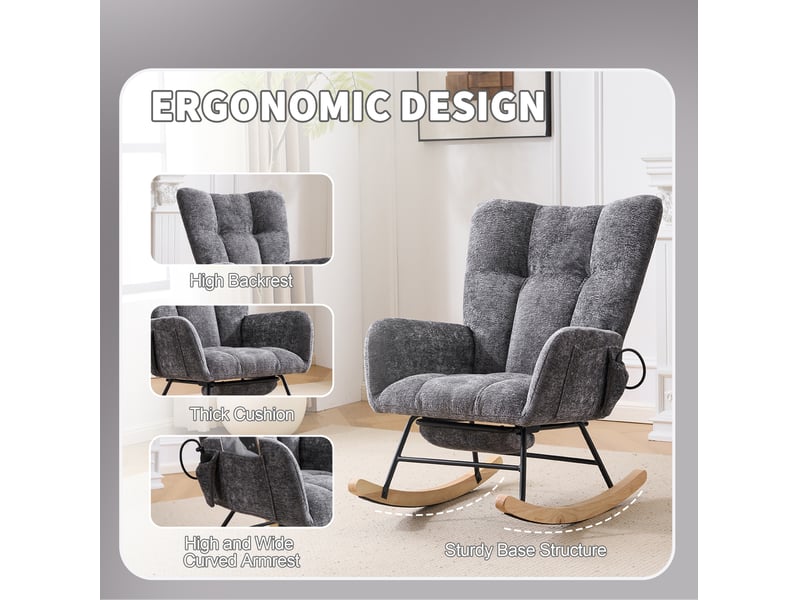 Fauteuil à bascule avec dossier ergonomique, coussins réglables et rangement latéral en chenille gris foncé - Conforama E