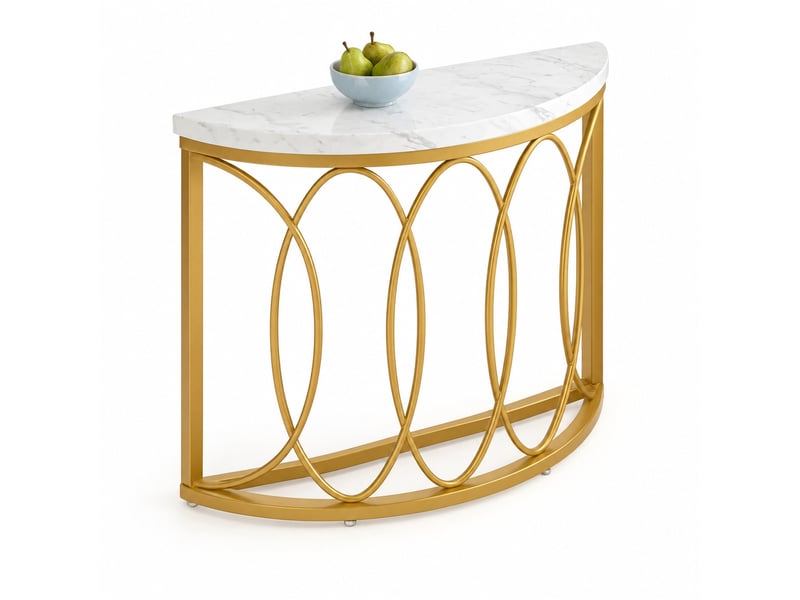  Console demi-lune, avec plateau et base ovale à 3 pieds, table d'entrée, marbre artificiel et métal, or et blanc  - Conforama A