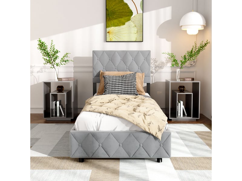  Lit coffre 90 x 190 cm en similicuir, lit simple rembourré avec rangement intégré, sans matelas, gris  - Conforama C