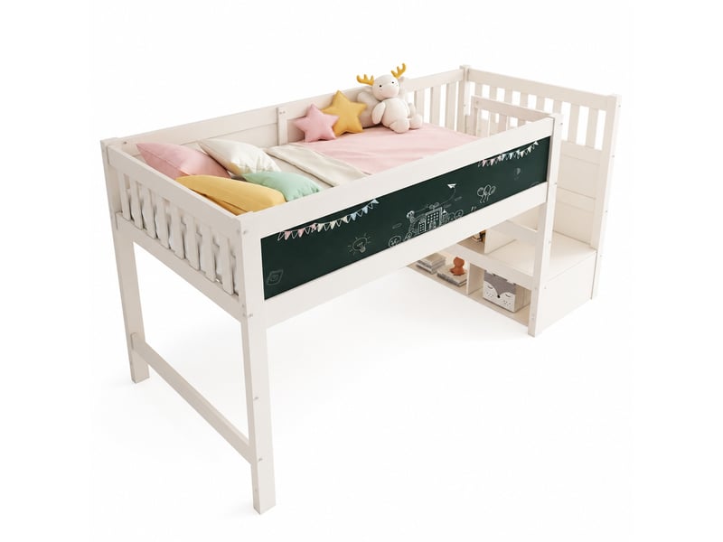 Lit mezzanine enfant 90x200 cm avec rangements et tableau, blanc - Conforama A