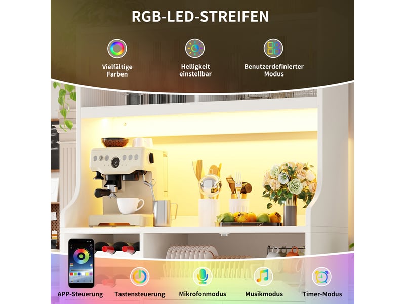  Armoire blanche 120cm, led rgb app, portes verre coulissantes, porte-vin, portes relevables, 3 tiroirs, cuisine et salle à manger  - Conforama E