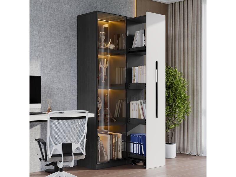  Vitrine en verre trempé et mdf, meuble de rangement avec led, bibliothèque 160 cm de haut avec tiroir latéral, noir et blanc  - Conforama E