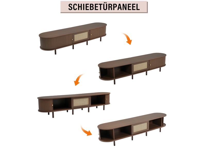  Meuble tv ovale 180 cm noyer foncé et rotin, mdf, pieds réglables, charge maximale 30 kg  - Conforama D