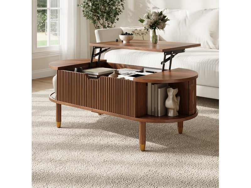  Table basse ovale avec plateau relevable hydraulique, rangement et portes coulissantes, mdf, pieds en bois d'hévéa, noyer  - Conforama B