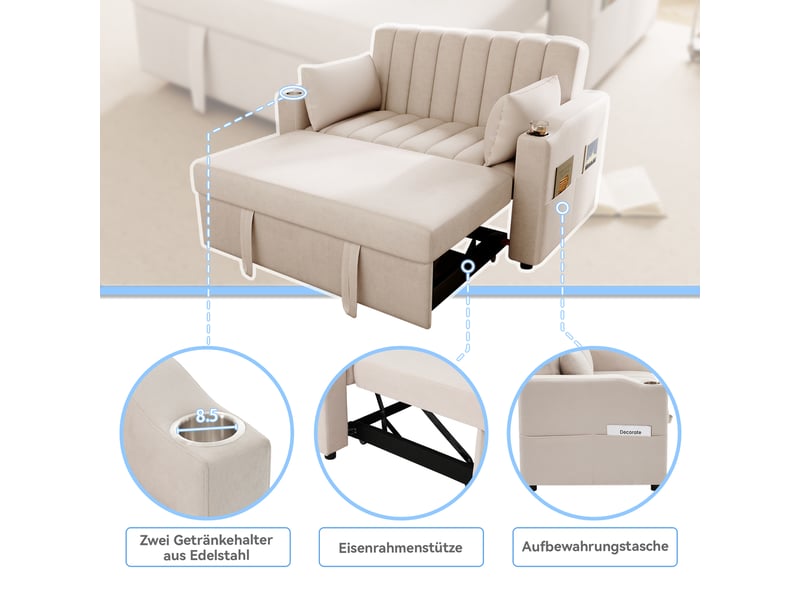  Canapé convertible, canapé-lit, porte-gobelets, dossier réglable, design moderne, pour salon, appartement, chambre  - Conforama W