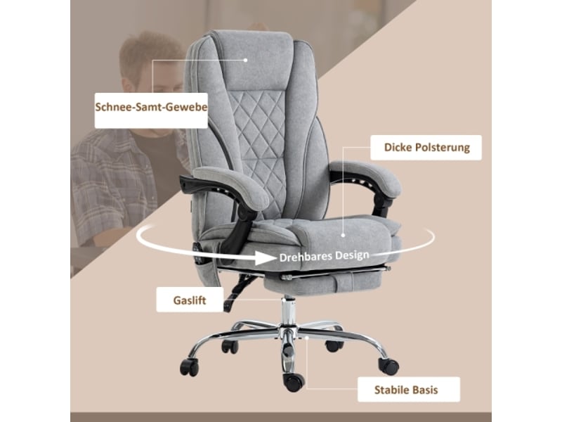  Chaise de bureau massante avec chaleur, inclinable, repose-pieds, télécommande, gris  - Conforama B