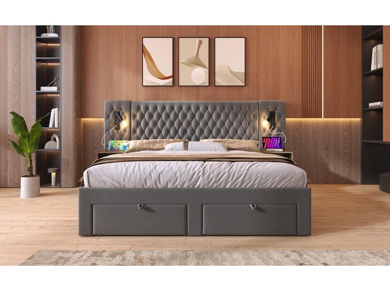  Lit 160x200 cm velours gris – rangements, chevets et ports usb, matelas inclus  - Conforama B