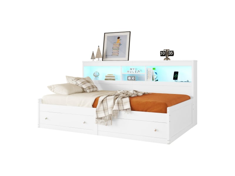  Lit enfant 90x200 cm, avec 2 tiroirs et led, avec tête de lit et lattes, en bois, blanc, sans matelas  - Conforama E