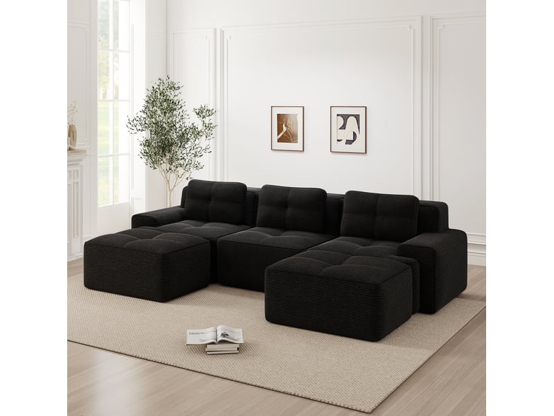  Canapé modulable en u 3 places en velours côtelé noir, confort profond et deux ottomans pour le salon  - Conforama E