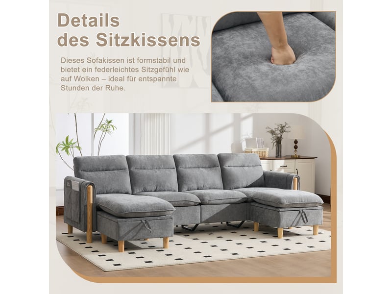  Canapé en u 4 places en chenille gris clair avec 2 poufs et rangement intégré sous les poufs  - Conforama E