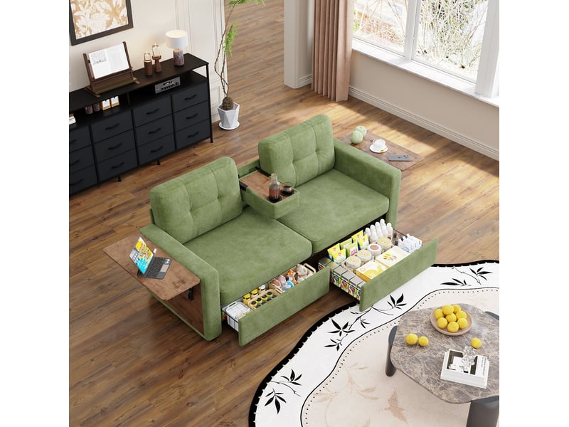  Canapé droit convertible 2 places vert en tissu, avec rangement, tables d’appoint réglables et porte-gobelets intégrés  - Conforama E