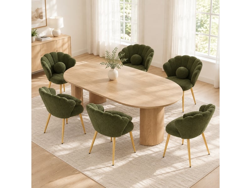Lot de 6 chaises de salle à manger dossier coquillage en tissu teddy vert, pieds dorés - Conforama C