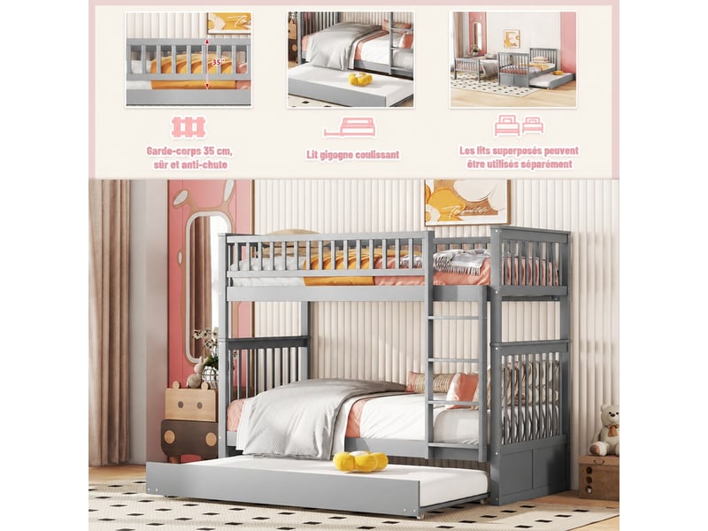 Lit superposé en bois 90x200 cm 3 en 1 convertible avec lit gigogne, barrière sécurité, échelle, sommier lattes, gris - Conforama D