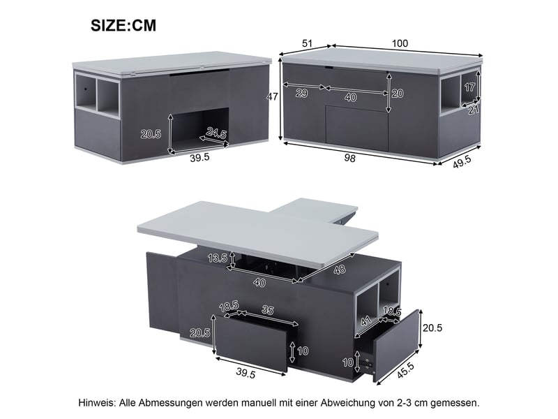  Table basse multifonctionnelle relevable - plateau dépliable pour former 2 tables, gris foncé + gris clair, grande capacité, meuble de salon moderne, table d'appointtable de salle à mangerbureau  - Conforama C