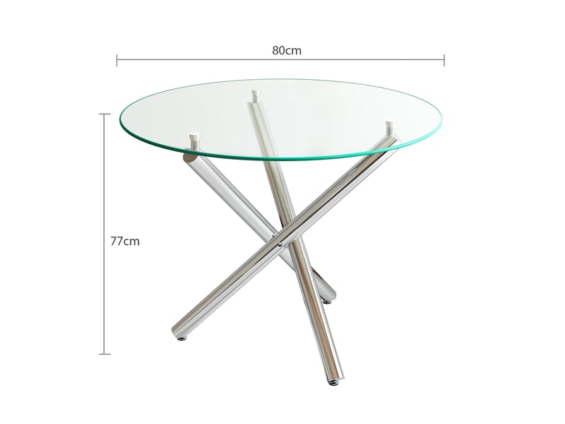  Table à manger ronde 80x80x77 cm, dessus en verre trempé, finition argentée, usage salon, séjour, pieds croisés métalliques  - Conforama C
