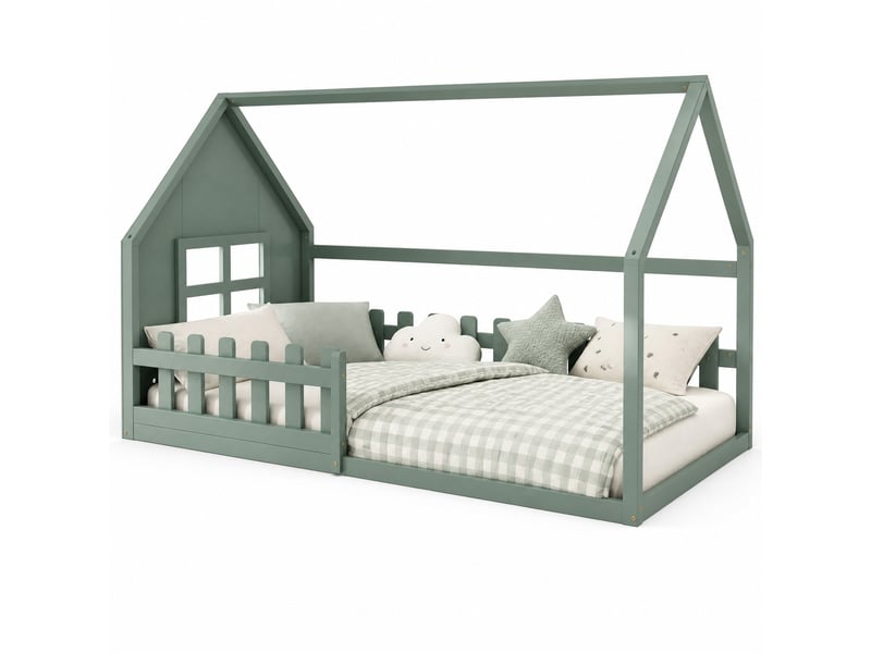  Lit cabane enfant 90 x 200 cm en pin et mdf avec sommier à lattes, vert  - Conforama A