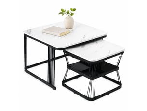Tables basses gigognes lot de 2 avec plateaux effet marbre brillant et piétement en acier noir, mdf blanc pour salon