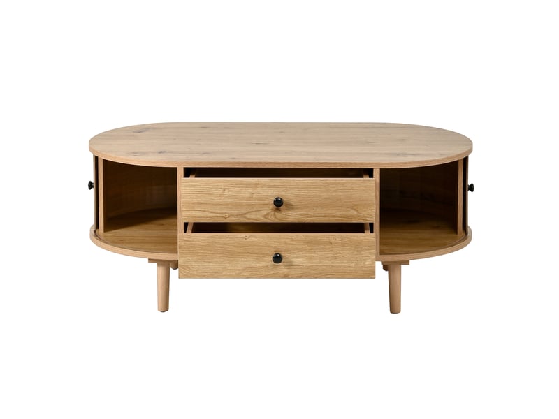  Table basse ovale moderne rétro, porte coulissante, 2 tiroirs, rainures verticales, pieds en bois, multifonctionnelle  - Conforama A
