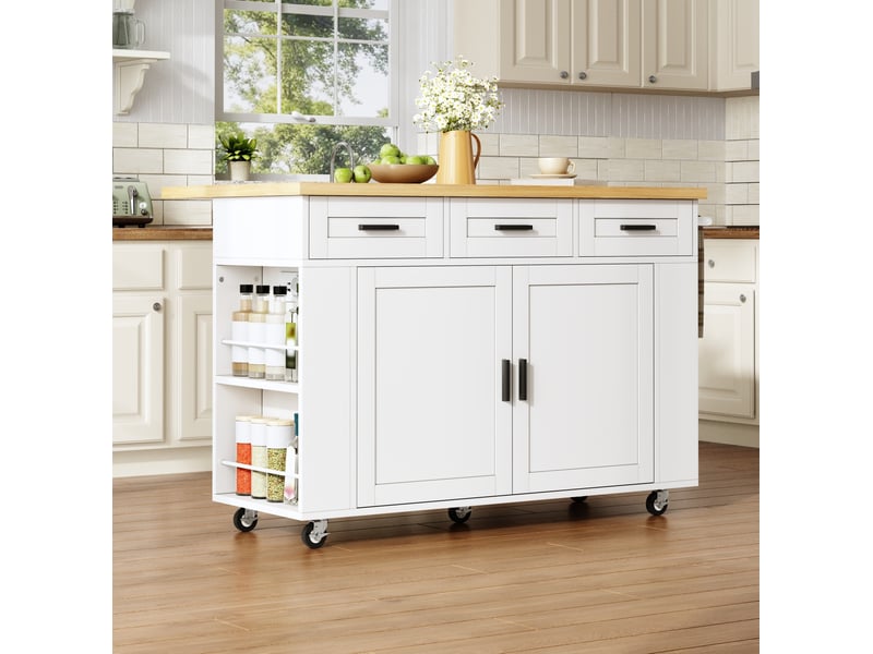  Desserte de cuisine 120x45-70x84 cm blanc et naturel en mdf, plateau rabattable, rangements et prises  - Conforama B