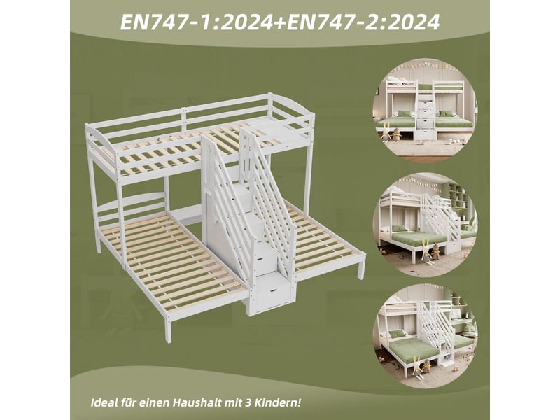  Lit mezzanine 90 x 200 cm de pin, lit triple 3 lits, échelle avec tiroirs, garde-corps, lit adulte avec barrières de sécurité, blanc  - Conforama D