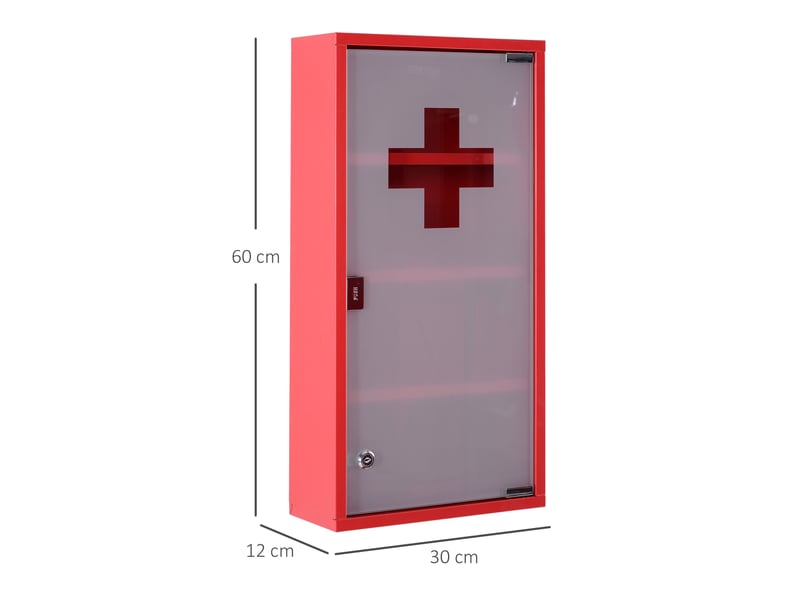  Armoire à pharmacie 3 étagères 4 niveaux verrouillable porte verre dépoli trempé logo croix 30l x 12l x 60h cm acier rouge  - Conforama C