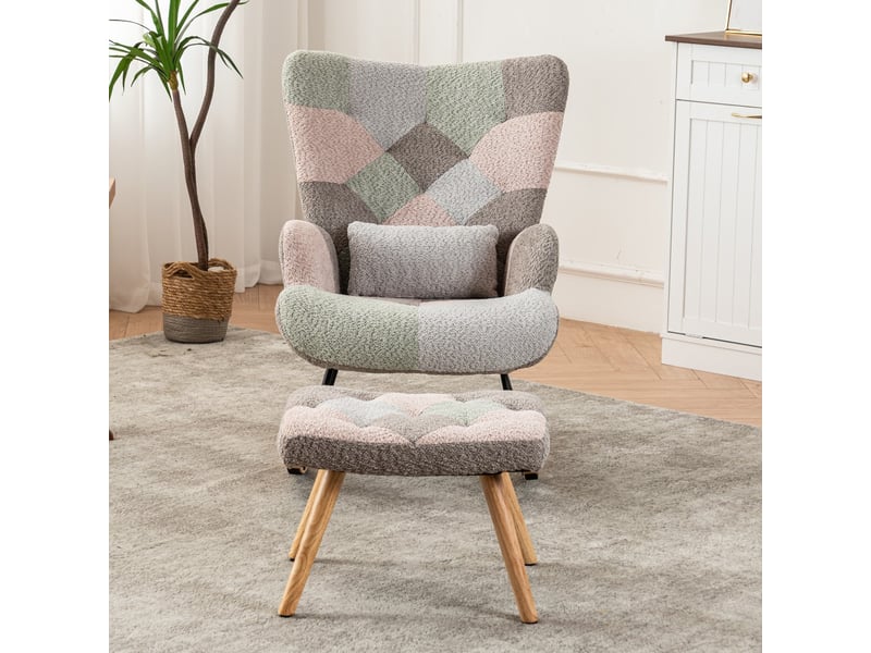  Fauteuil à bascule relax - 68x48x93 cm - avec repose-pieds et coussin lombaire velours pieds bois - multicolore  - Conforama C